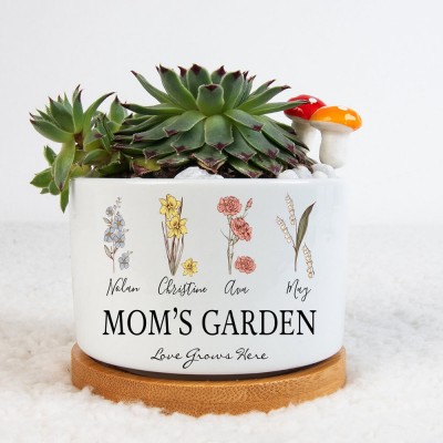 Personalized Mom's Garden Outdoor Flower Pot With Birth Flower and Kids Name For Mother's Day