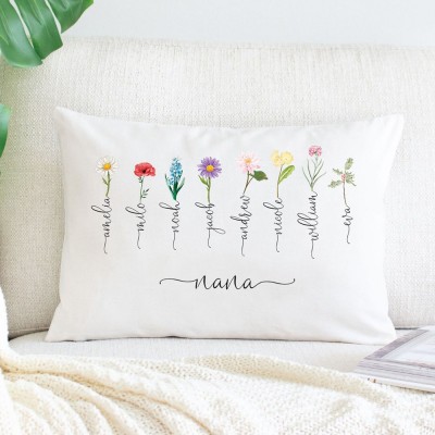 Custom Nana Pillow Gift With Grandkids' Names & Birth Month Flowers For Nana Mother's Day