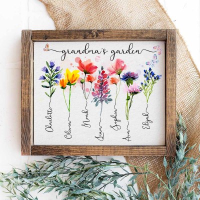 Personalized Grandma's Garden Sign With Grandchildren Names and Birth Flower For Mother's Day Gift