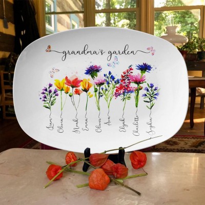 Personalized Grandma's Garden Plate Birth Month Flower Platter With Grandchildren Names Mother's Day Gift For Grandma