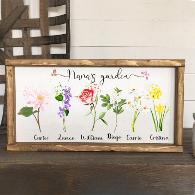 Personalized Nana's Garden Frame Sign With Grandchildren Names and Birth Flower For Mother's Day Gift